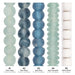 Jumbo recycled glass beads with labeled sizes for each of the five strands, from clear aqua to white wood