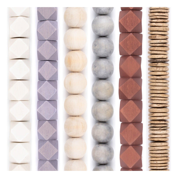 Wood Bead Set: White, Grey & Cream Farmhouse Decor (6 Strands, 20mm)