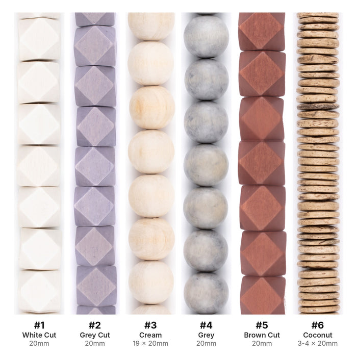 What's included, strands numbered 1-6: Wood Bead Set: White, Grey & Cream Farmhouse Decor