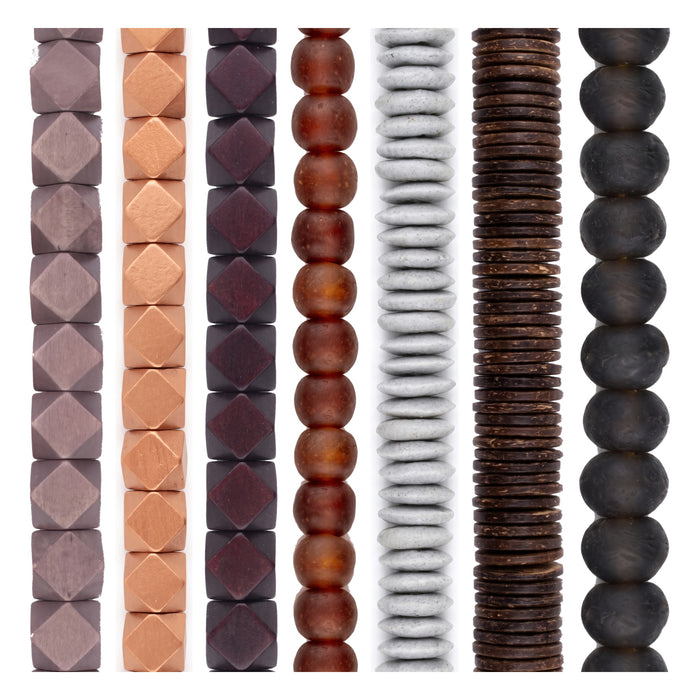 Wood & Glass Bead Set: Brown, Copper & Caramel Boho Decor (7 Strands, 18-27mm)
