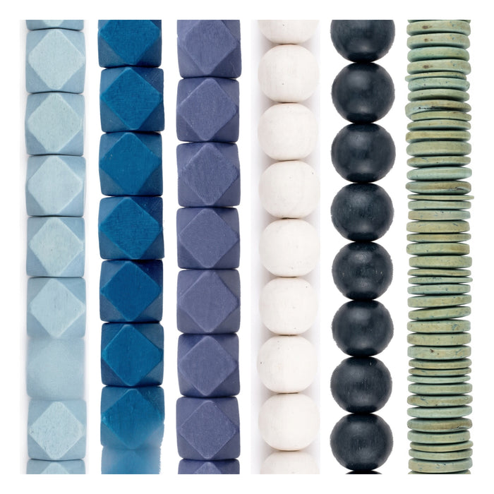 Wood Bead Set: Blue & White Diamond-Cut Decor (6 Strands, 20mm)
