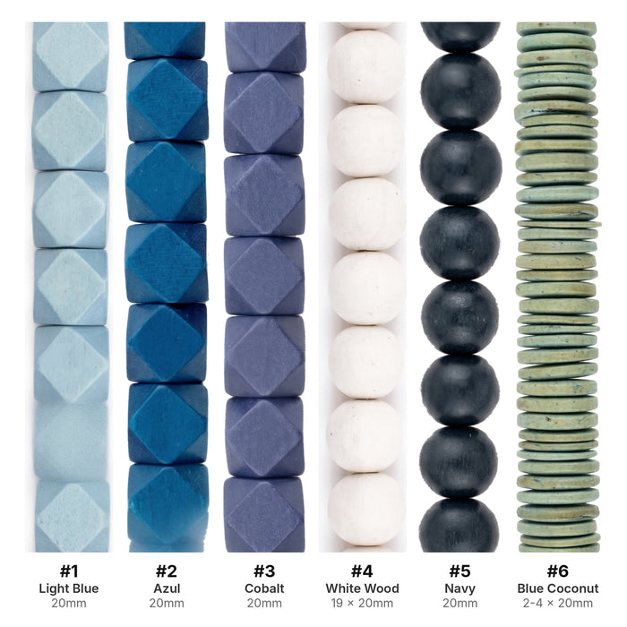 What's included, strands numbered 1-6: Wood Bead Set: Blue & White Diamond-Cut Decor