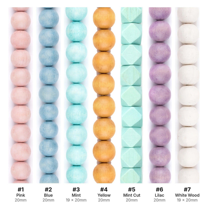 What's included, strands numbered 1-7: Wood Bead Set: Pink, Mint & Lilac Pastel Garland