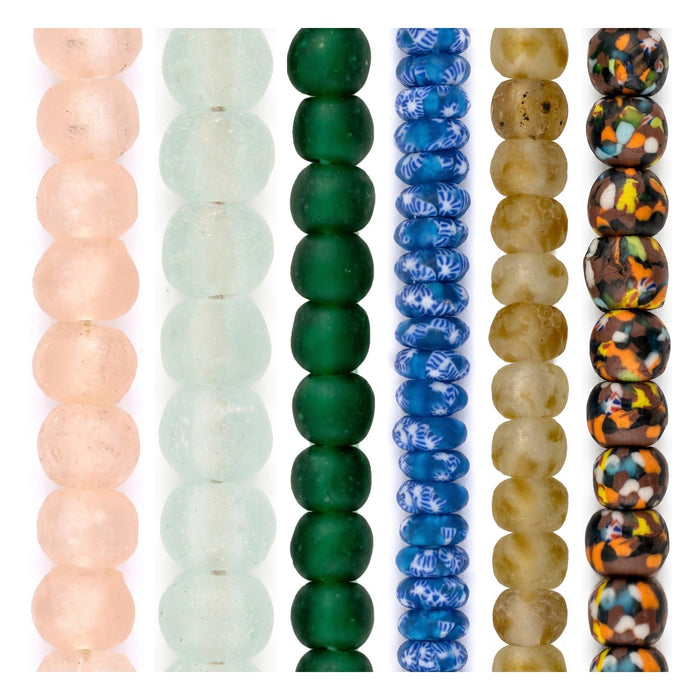 Large Hole Bead Set: Rose, Aqua & Emerald Recycled Glass (6 Strands, 12-20mm)