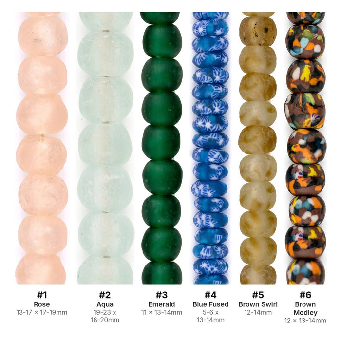 What's included, strands numbered 1-6: Large Hole Bead Set: Rose, Aqua & Emerald Recycled Glass