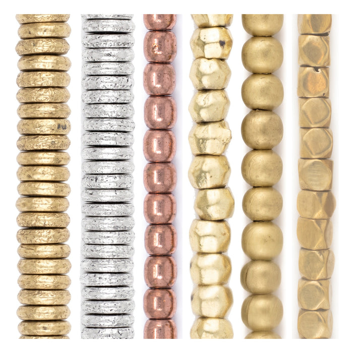 Large Hole Bead Set: Brass & Silver Donut Metal (6 Strands, 6.5-10mm)