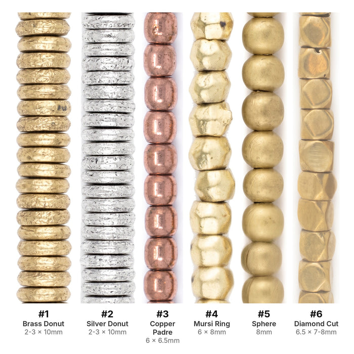 What's included, strands numbered 1-6: Large Hole Bead Set: Brass & Silver Donut Metal