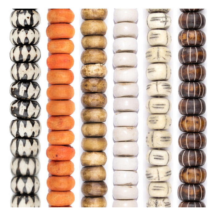 Large Hole Bead Set: Tribal Carved, Coral & Chevron Bone (6 Strands, 18-25mm)