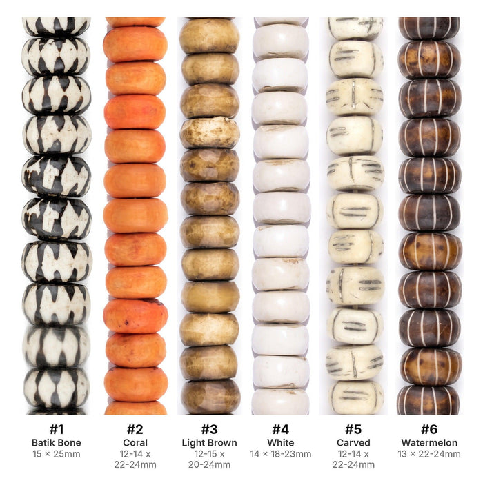 What's included, strands numbered 1-6: Large Hole Bead Set: Tribal Carved, Coral & Chevron Bone