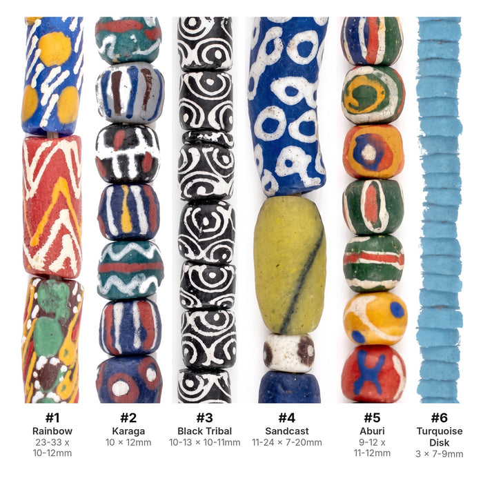 What's included, strands numbered 1-6: Large Hole Bead Set: Rainbow, Karaga & Tribal Krobo