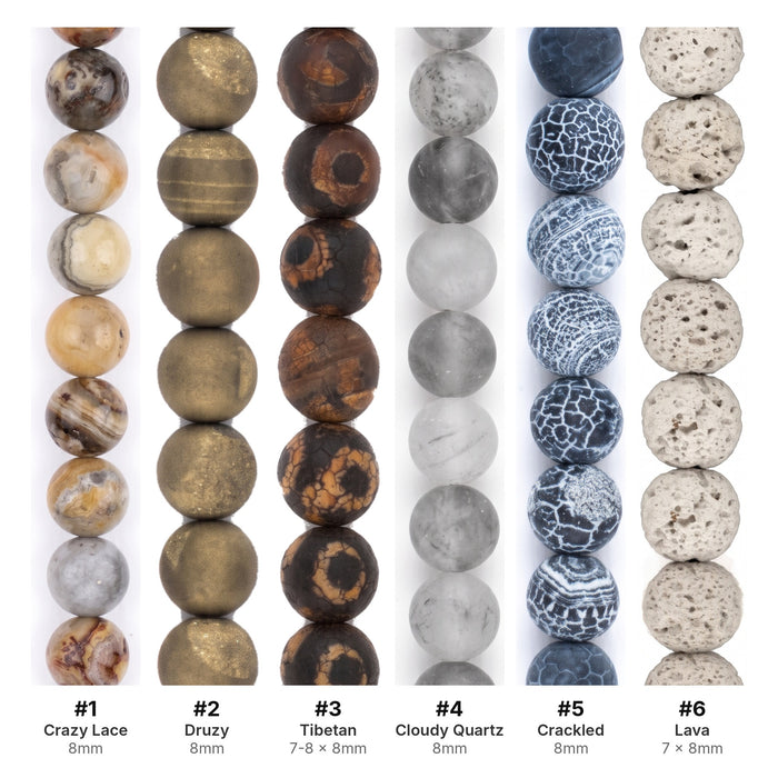 What's included, strands numbered 1-6: Gemstone Bead Set: Crazy Lace, Druzy & Tibetan Agate