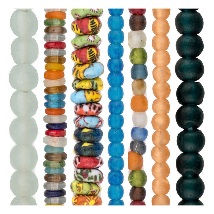 Recycled Glass Bead Set: Aqua, Teal & Peach Shapes (7 Strands, 7-15mm)