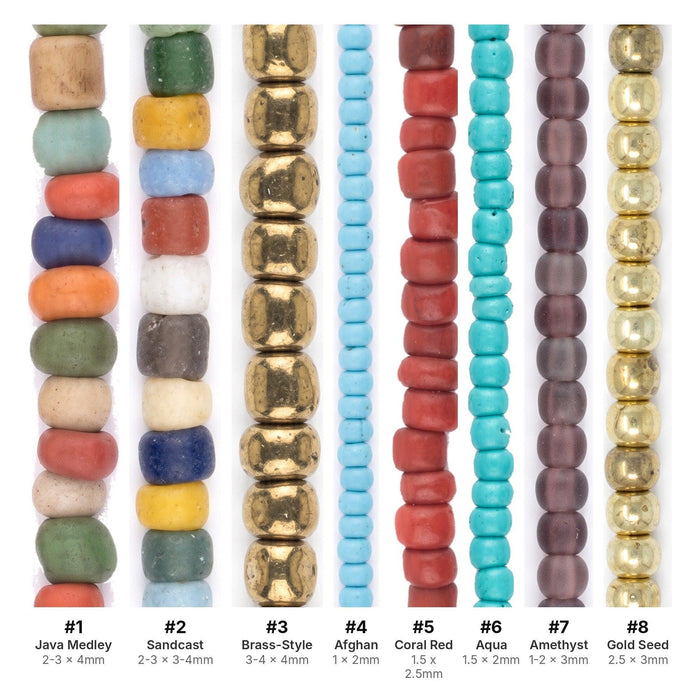 What's included, strands numbered 1-8: Seed Bead Set: Java, Ghana & Afghan Glass