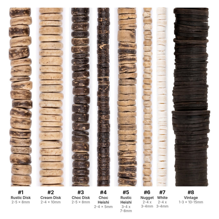 What's included, strands numbered 1-8: Coconut Shell Bead Set: Cream, Chocolate & Rustic