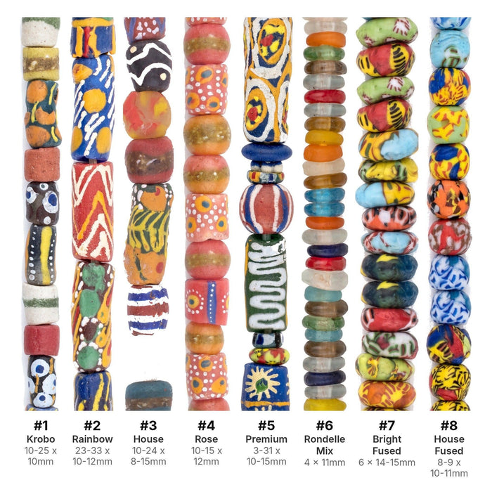 What's included, strands numbered 1-8: Krobo & Recycled Glass Bead Set: Medley & Fused
