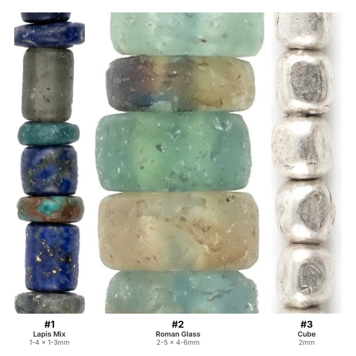 What's included, strands numbered 1-3: Roman Glass Bead Set: Afghan Lapis Medley & Silver Spacers