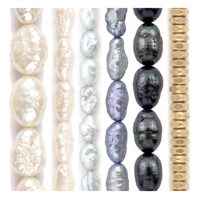 Rice Pearl Bead Set: Iridescent Pearls & Gold Heishi (6 Strands, 2-6mm)