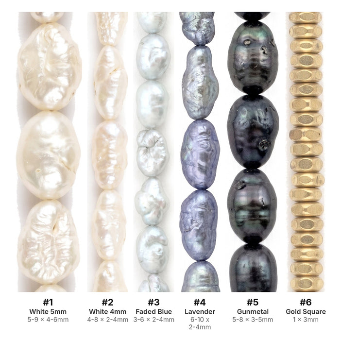 What's included, strands numbered 1-6: Rice Pearl Bead Set: Iridescent Pearls & Gold Heishi