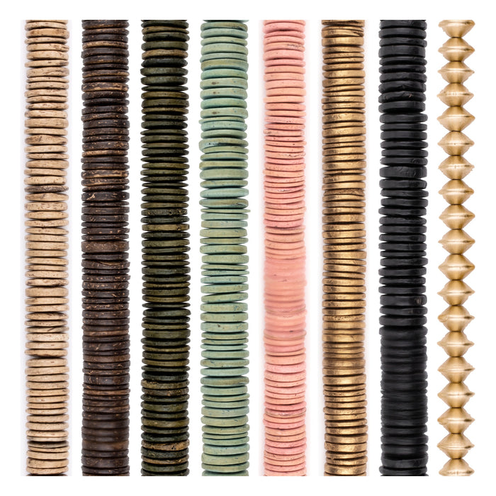 Coconut Shell Bead Set: Cream, Chocolate & Pastel Disks (8 Strands, 15-20mm)