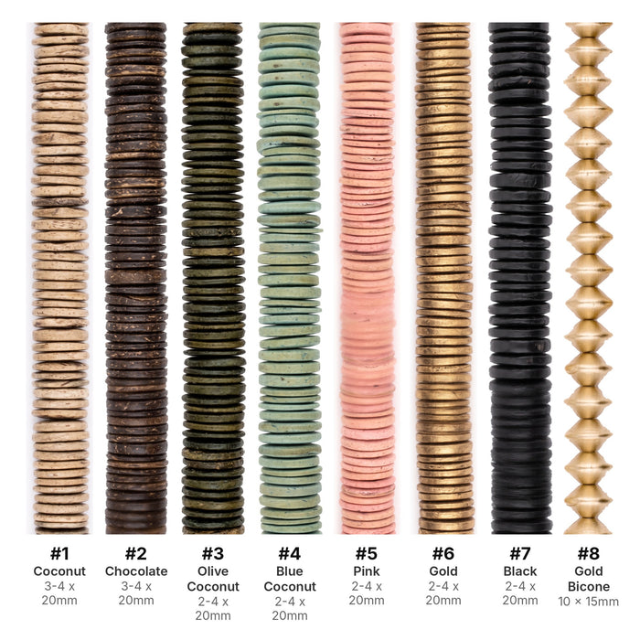 What's included, strands numbered 1-8: Coconut Shell Bead Set: Cream, Chocolate & Pastel Disks