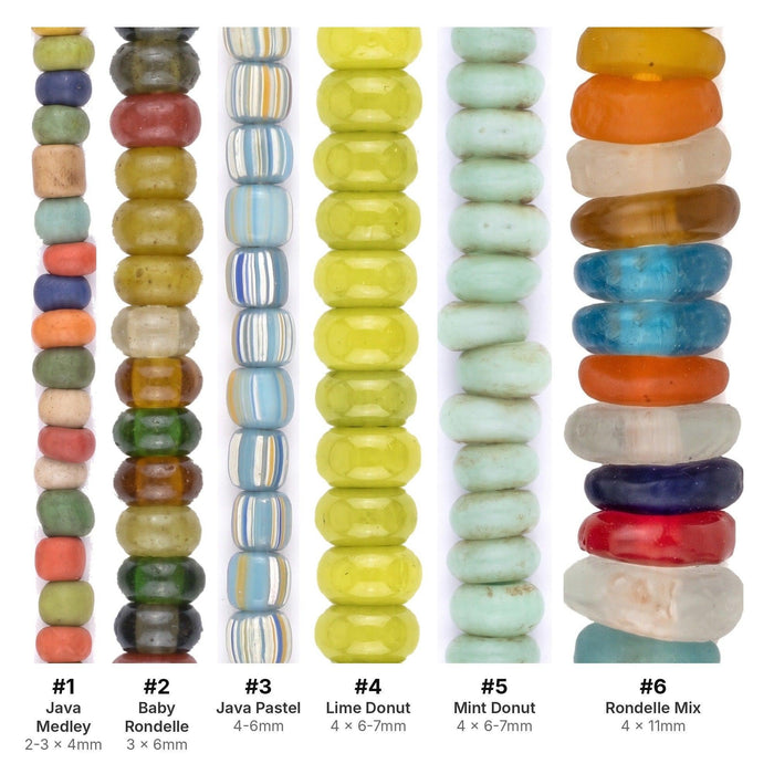 What's included, strands numbered 1-6: Java Glass Bead Set: Seed, Baby Rondelle & Donut