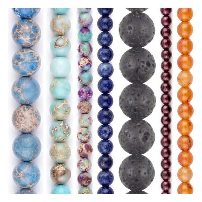 Gemstone Bead Set: Sea Sediment Jasper, Lapis & Carnelian (7 Strands, 3-9mm)