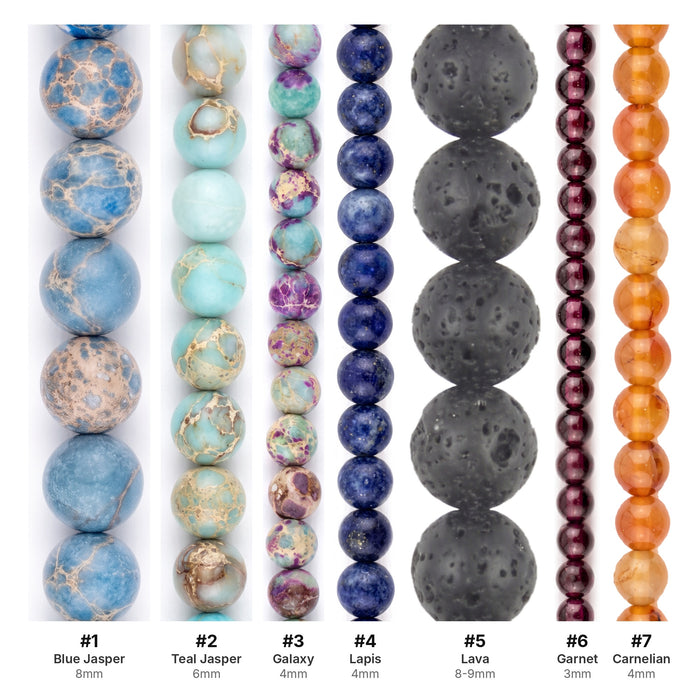 What's included, strands numbered 1-7: Gemstone Bead Set: Sea Sediment Jasper, Lapis & Carnelian