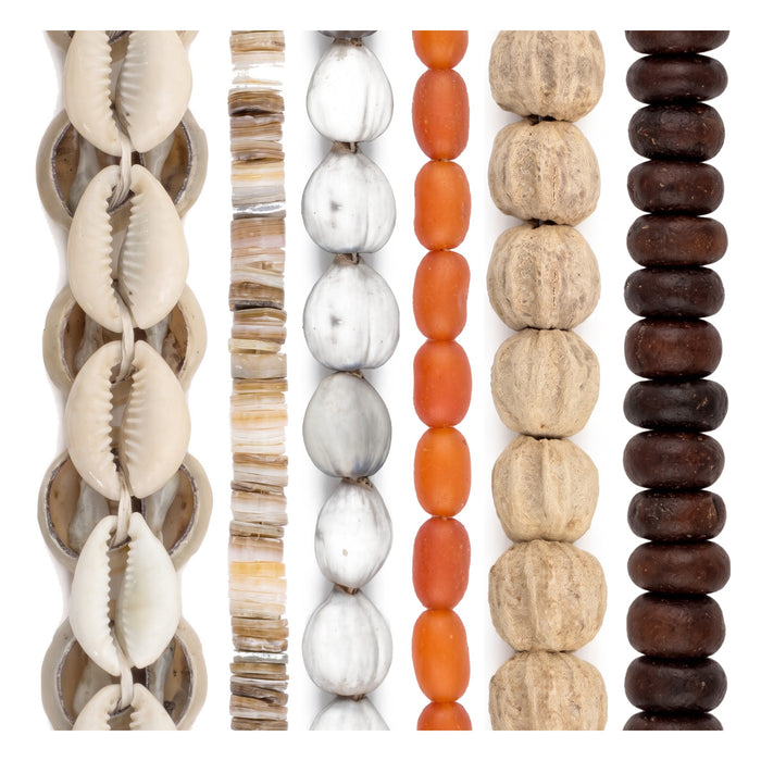 Cowrie Shell Bead Set: Kenyan Shells & Natural Seeds (6 Strands, 4-15mm)