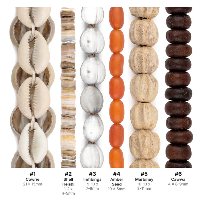 What's included, strands numbered 1-6: Cowrie Shell Bead Set: Kenyan Shells & Natural Seeds