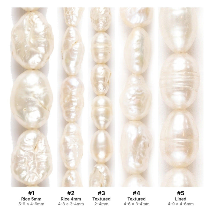 What's included, strands numbered 1-5: Vintage Rice Pearl Bead Set: Classic White