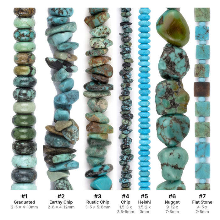 What's included, strands numbered 1-7: Turquoise Bead Set: Graduated Rondelle, Chip & Nugget