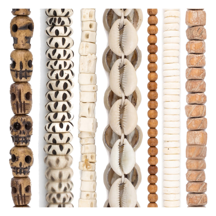 Bone Bead Set: Carved Mala, Fish Bone & Sandalwood (7 Strands, 3-15mm)