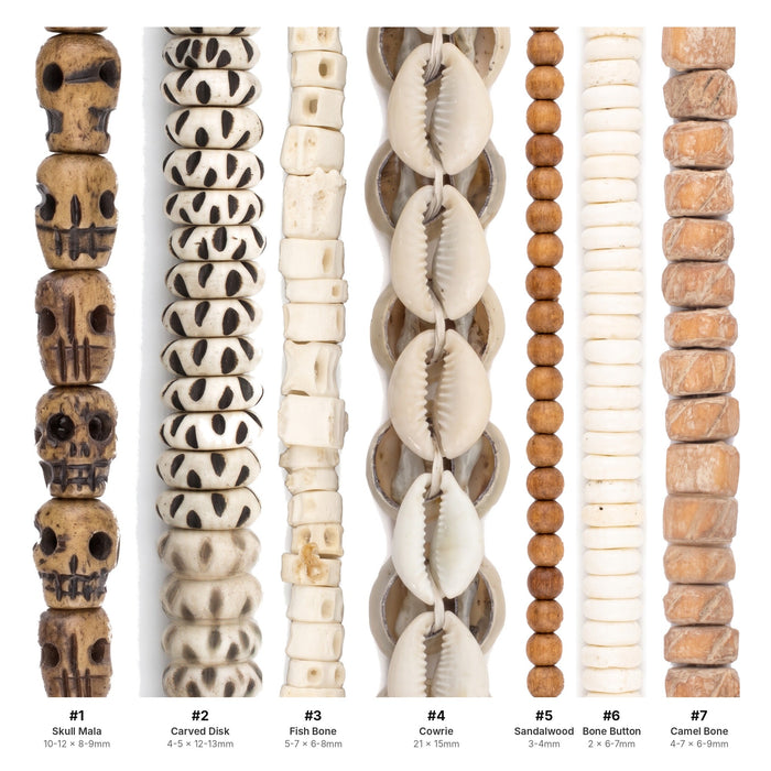 What's included, strands numbered 1-7: Bone Bead Set: Carved Mala, Fish Bone & Sandalwood
