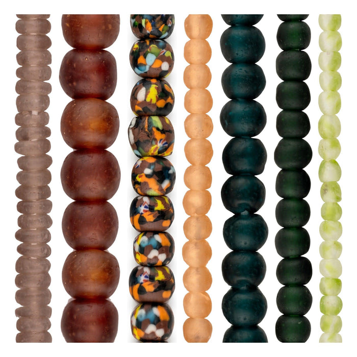Recycled Glass Bead Set: Light Purple, Alpine Teal & Caramel (7 Strands, 7-18mm)