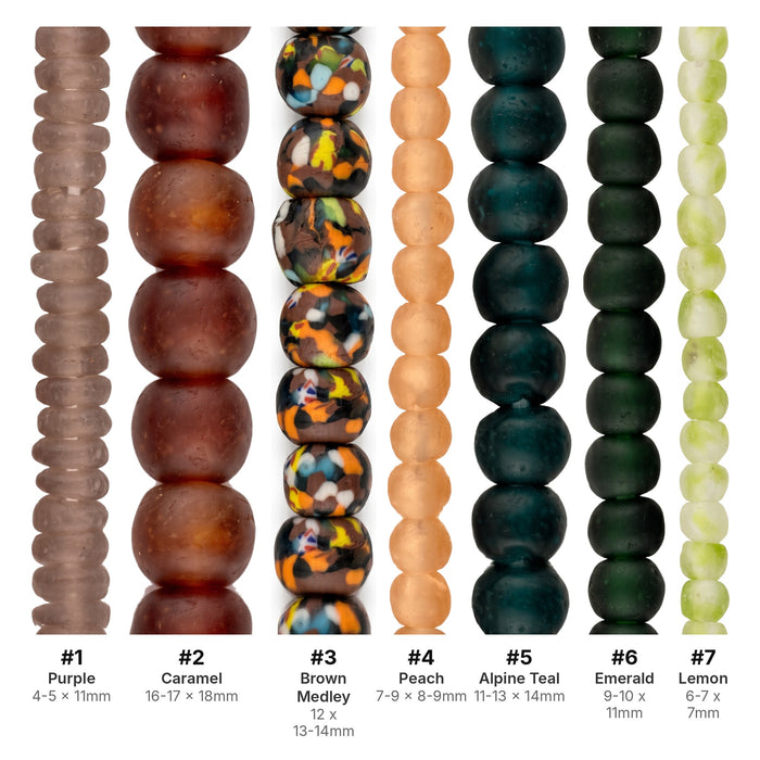 What's included, strands numbered 1-7: Recycled Glass Bead Set: Light Purple, Alpine Teal & Caramel