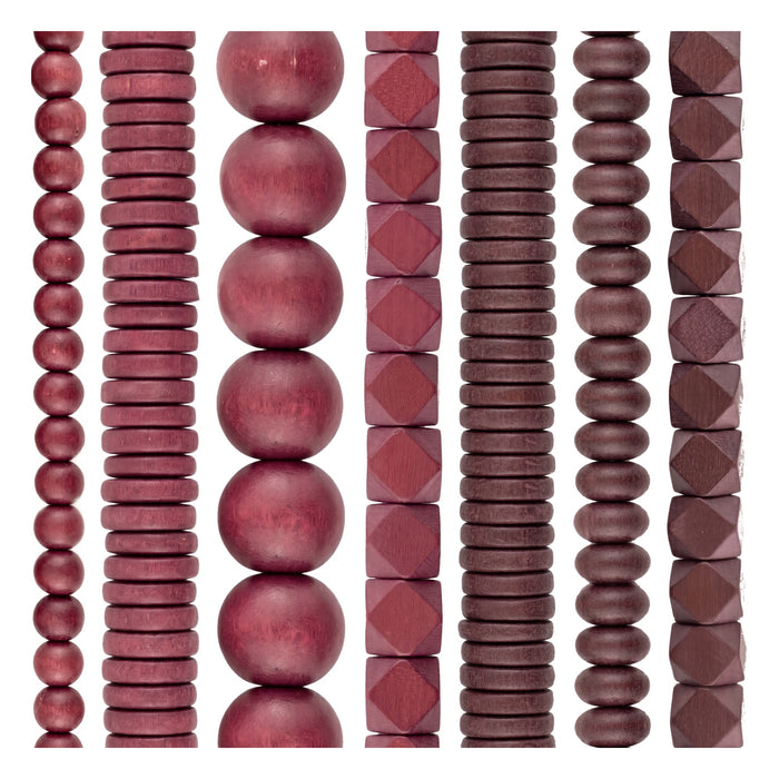 Wood Bead Set: Raspberry Red & Grape Brown (7 Strands, 7-20mm)