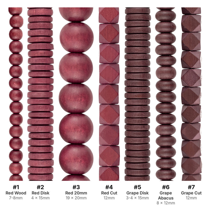 What's included, strands numbered 1-7: Wood Bead Set: Raspberry Red & Grape Brown