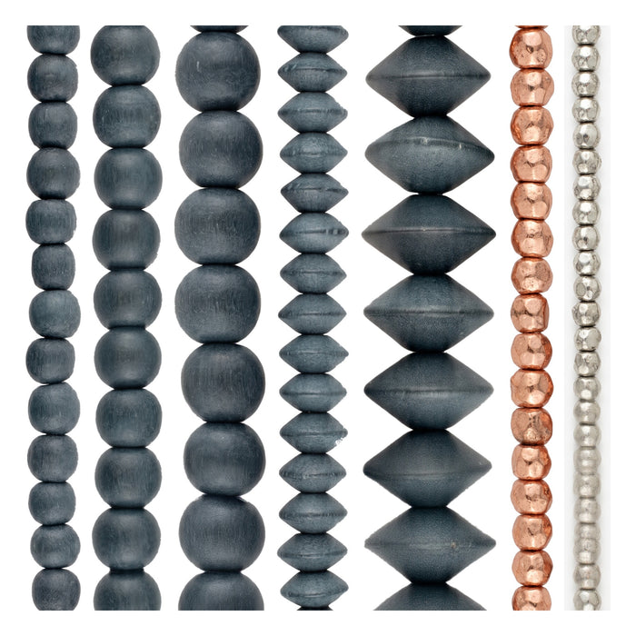 Wood Bead Set: Charcoal Grey with Copper & Silver Nuggets (7 Strands, 5-15mm)