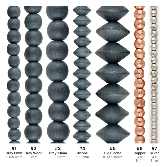 What's included, strands numbered 1-7: Wood Bead Set: Charcoal Grey with Copper & Silver Nuggets