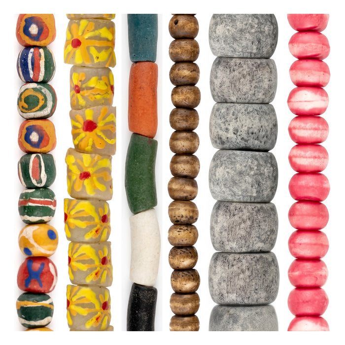 Krobo Bead Set: Aburi Medley & Rustic Bone (6 Strands, 8-22mm)