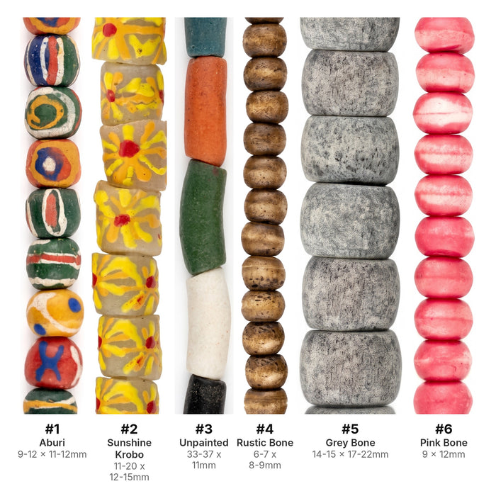 What's included, strands numbered 1-6: Krobo Bead Set: Aburi Medley & Rustic Bone