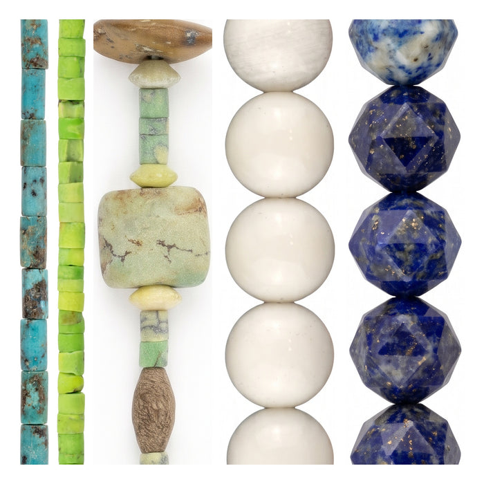 Turquoise bead set of five strands: tube, lime, Afghan mix, white agate and faceted lapis beads side by side