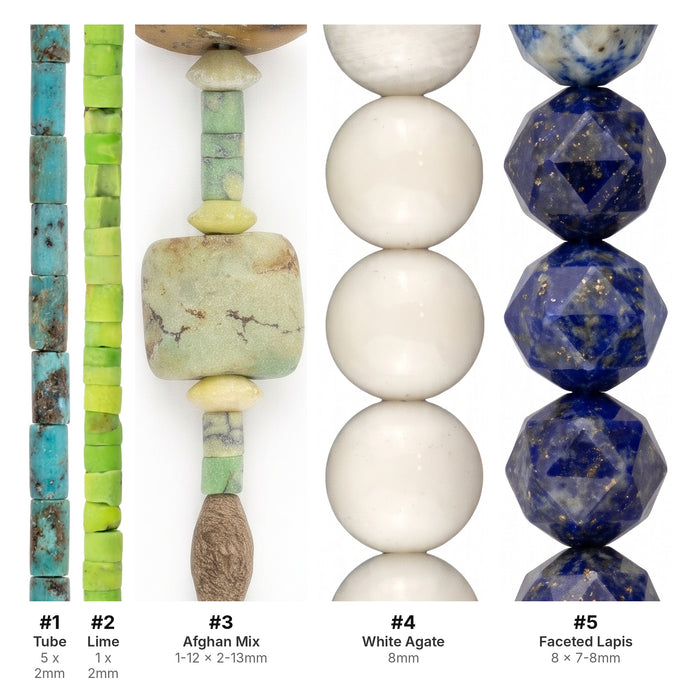 Turquoise bead set with labels #1-#5 listing each strand's bead type and size, from tube to faceted lapis