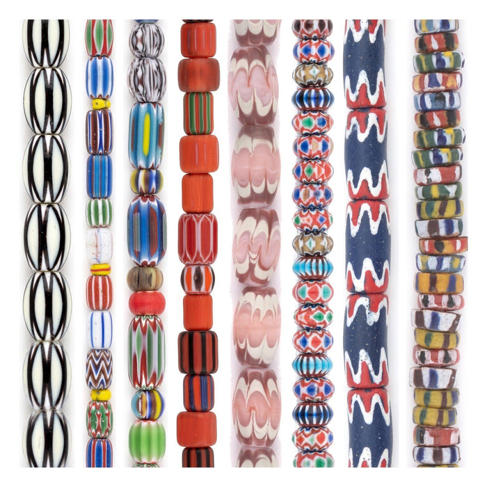Chevron bead set of eight glass strands lined up side by side showing different stripe and chevron patterns