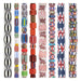 Chevron bead set of eight glass strands lined up side by side showing different stripe and chevron patterns