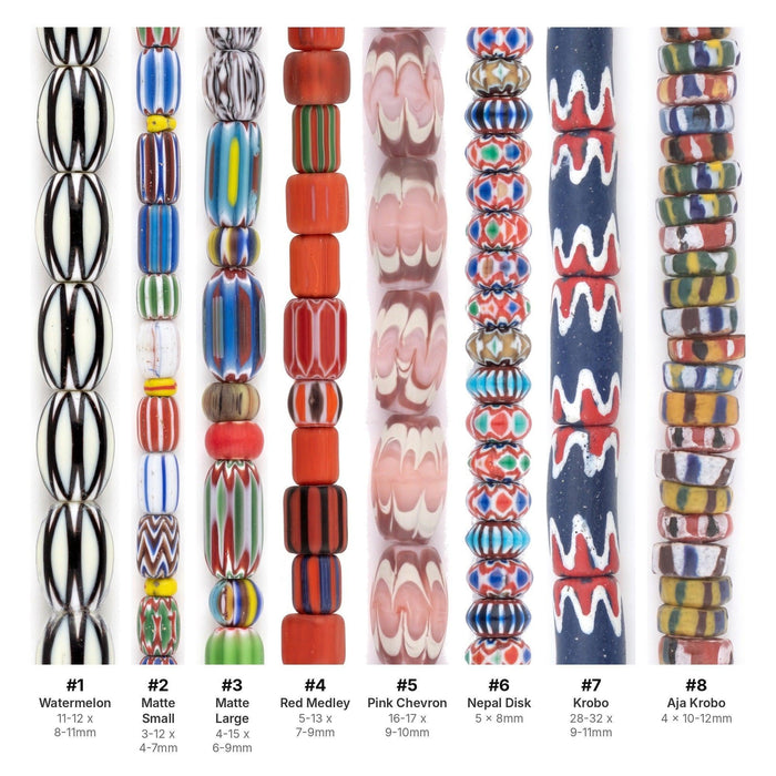 Chevron bead set strands labeled 1 to 8 with names and bead size ranges beneath each strand