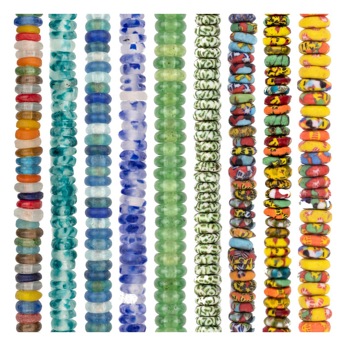 Recycled glass disk beads in nine strands side by side, from multicolor and teal to blue, green and yellow