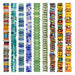 Recycled glass disk beads in nine strands side by side, from multicolor and teal to blue, green and yellow