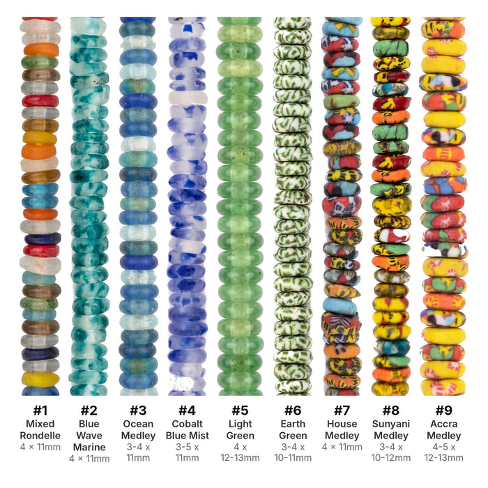 What's included, strands numbered 1-9: Recycled Glass Bead Set: Ocean & Earth Medley