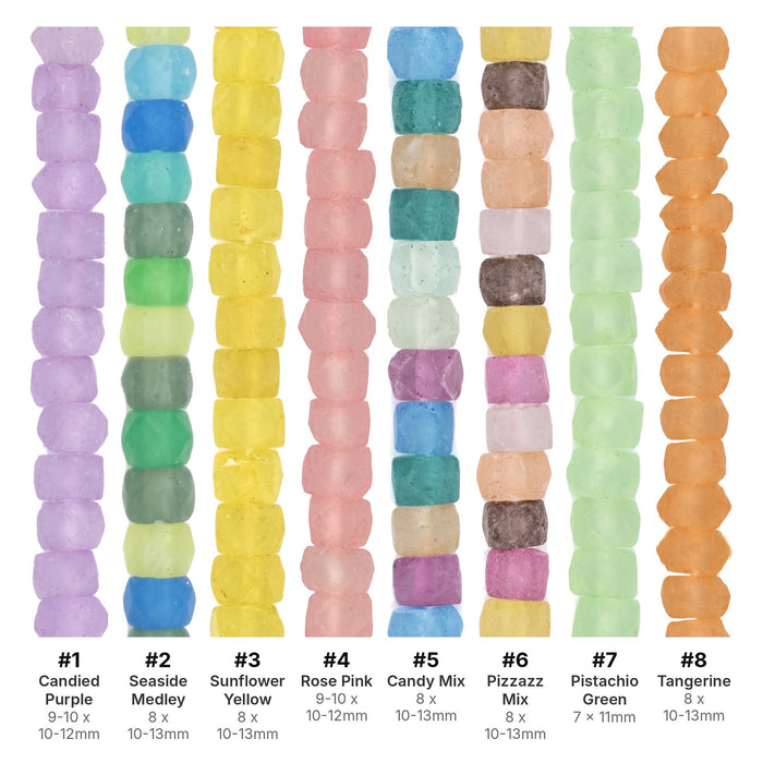 What's included, strands numbered 1-8: Faceted Java Sea Glass Bead Set: Candy Color Run